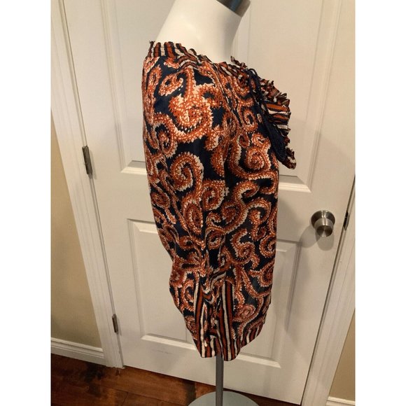 Tory Burch Blue & Orange Paisley Tunic w/Ruffle & Tassel Tie Neck Top, Size 0 - Picture 3 of 6